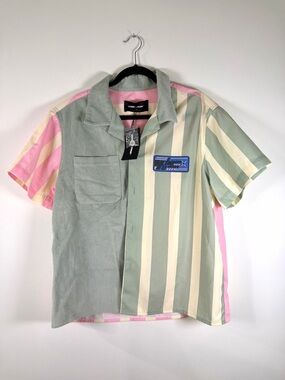Homme + Femme Striped Short-Sleeve Button-Down Shirt in Sage Green, Pink & Cream
